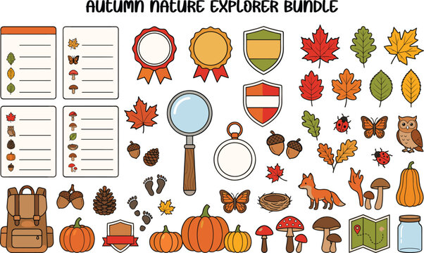 Autumn Nature Explorer Bundle , Fall Outdoor Adventure Elements Vector Collection