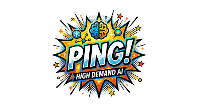 Vibrant comic style vector illustration featuring bold text that announces high demand artificial intelligence technology with a brain icon design