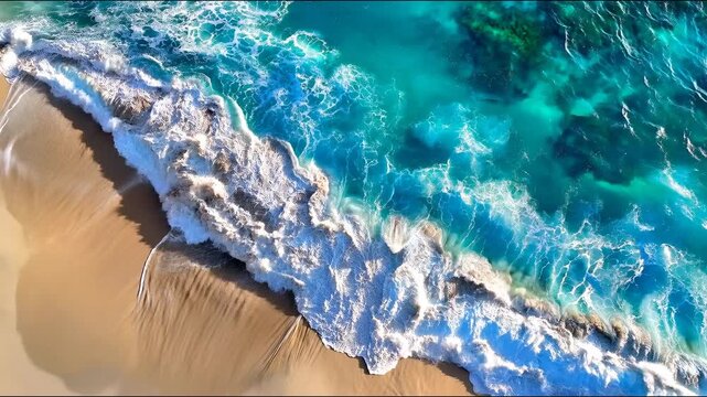 Turquoise waves crash against the sandy shore, seen from above &ndash; the perfect backdrop for tourist brochures and images of the ocean.
