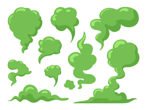 Collection of cartoon green stink clouds and smoke puffs