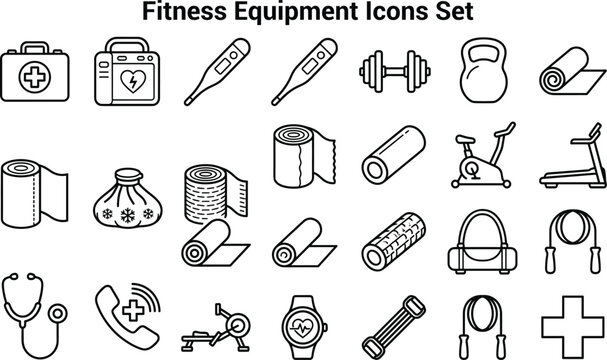 Black and white of gym and fitness equipment, dumbbells, yoga mat, skipping rope