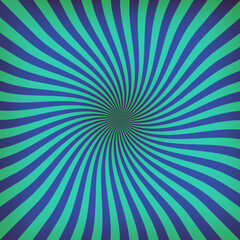 Fototapeta premium Vibrant swirling sunburst pattern featuring deep blue and bright green curved rays converging into a sharp central focal point design