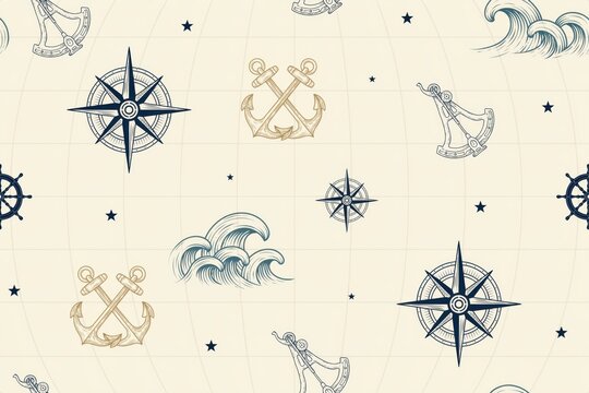 Nautical seamless pattern featuring compass roses, crossed anchors, sextants, ocean waves, and stars on a light cream grid background surface