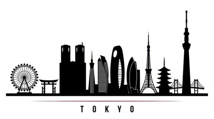 Obraz premium Black and White Silhouette of Tokyo Skyline – Modern Neon Metropolis Vector Illustration