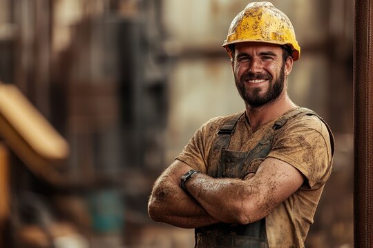 Portrait of a smiling construction worker with a beard wearing a hard hat and dirty work clothes, standing with arms crossed at a job site