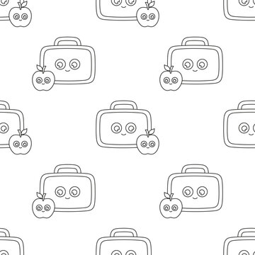seamless pattern with contour cartoon lunch boxes and apples