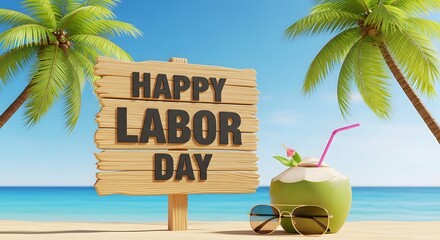 Happy labor day beach scene with sign coconut drink and sunglasses