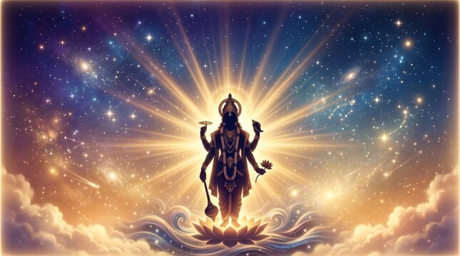 Aja Ekadashi Celebration Banner featuring Lord Vishnu Silhouette with Cosmic Golden Rays and Divine Spiritual Glow, Peaceful Devotional Hindu Background