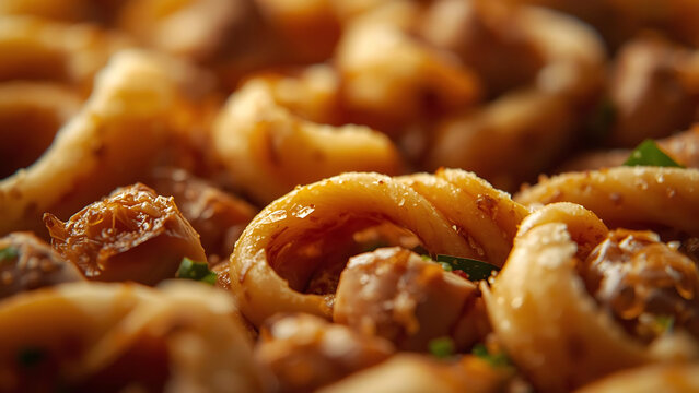 Delicious Fried Calamari Rings with Herbs, Close-up Macro Food Photography