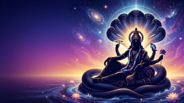 Anant Chaturdashi gradient banner with Lord Vishnu silhouette, cosmic glow and sacred serpent motifs