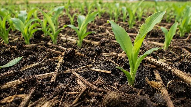Young corn seedling carbon farming in rich soil with mulch showing emerging crop and sustainable early season growth promoting soil health
