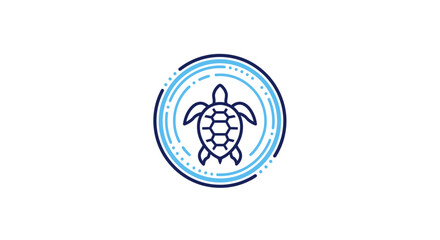 Fototapeta premium A minimalist blue line art icon of a sea turtle inside a circular frame