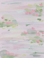 Fototapeta premium Soft Watercolor Pond Texture Background with Water Lilies and Floral Reflections