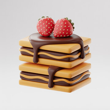 Close-up of layered wafer cookies with chocolate and strawberries