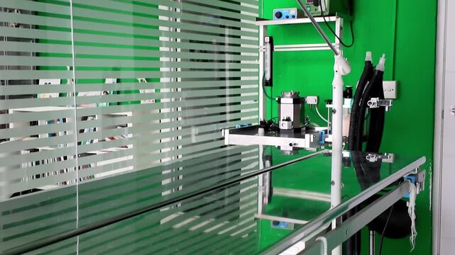 Empty veterinary operating room with stainless steel surgery table and anesthesia equipment against a bright green wall viewed through striped glass panels in a modern clinic