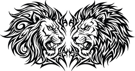 Aggressive symmetrical lion profiles with sharp manes graphic illustration © Shoaib