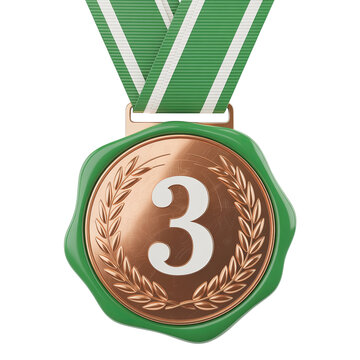 Close-up of Bronze Medal with Number 3 and Green Ribbon