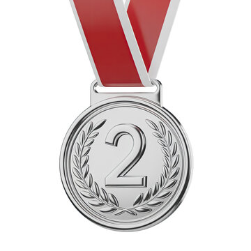 Close-up of Silver Medal with Red Ribbon on White Background