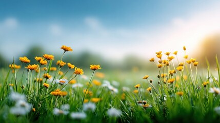 Fototapeta premium Golden light illuminates a field of beautiful wildflowers