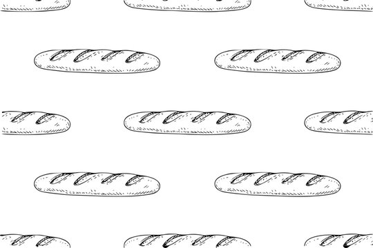 Seamless pattern of hand-drawn baguettes on a white background