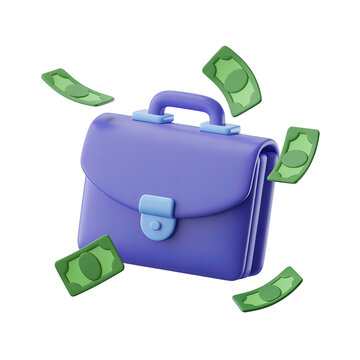 Blue briefcase with flying dollar bills in motion