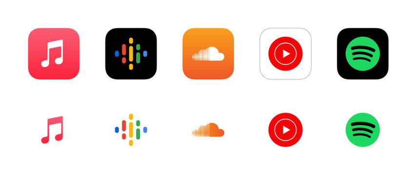 Streaming music podcast app logo icons set soundcloud, spotify, youtube music collection