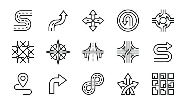 Road and highway navigation outline icons set, traffic direction and map route symbols vector illustration