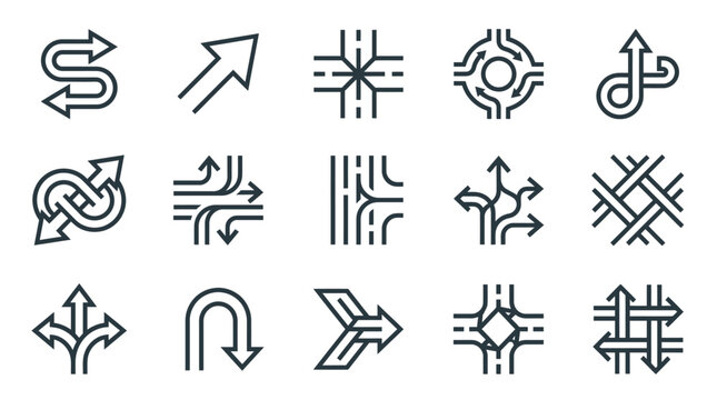 Set of road direction and traffic arrow icons showing intersections, junctions, roundabouts, and navigation pathways in thin line style