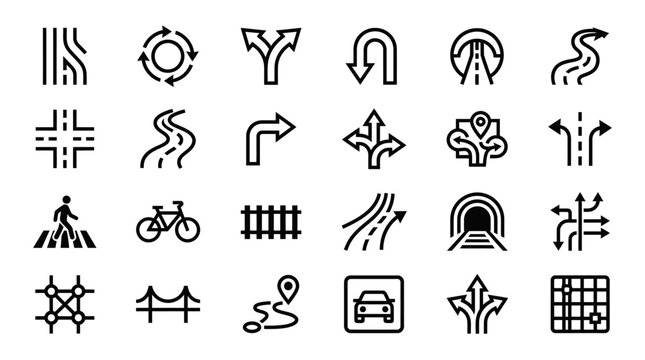 Collection of road and navigation icons, representing direction, traffic, and journey planning