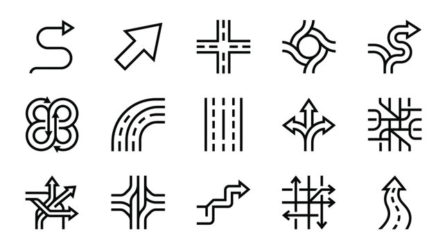 Road direction and traffic intersection line icons set representing navigation ways