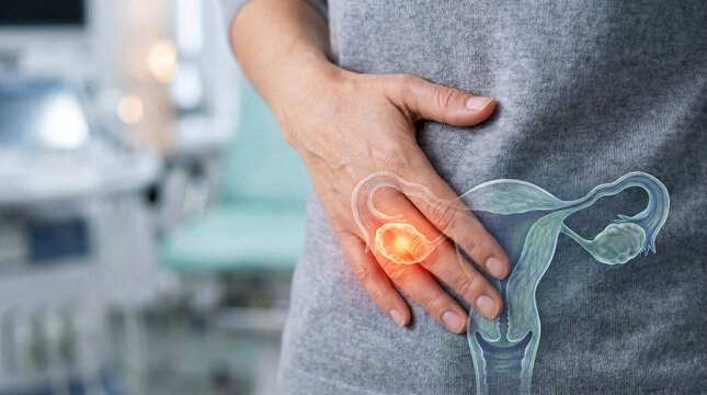 Ovarian pain and pelvic inflammation in woman with holographic anatomy overlay. Female patient holding sore lower abdomen, medical clinic diagnostics for ovarian cyst or endometriosis