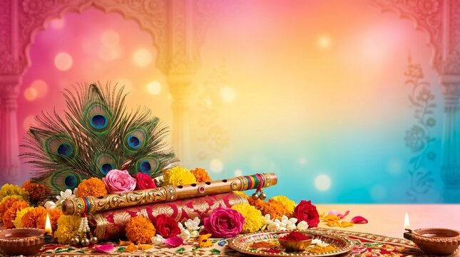 Radha Ashtami gradient with peacock feathers, flute, floral ornaments and sacred temple decorations