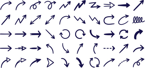 Dark blue hand drawn arrows and pointer symbols vector illustration set. Minimalist navy outline and sketch style directional cursors, indicators, and loops isolated on white background. © Fariha