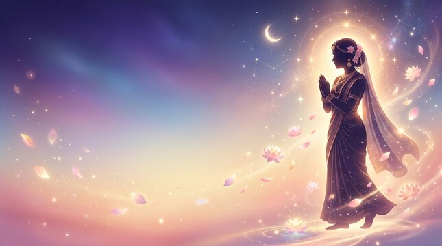Radha Ashtami gradient banner with Radha silhouette, celestial glow and floating lotus petals