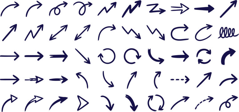 Dark blue hand drawn arrows and pointer symbols vector illustration set. Minimalist navy outline and sketch style directional cursors, indicators, and loops isolated on white background.