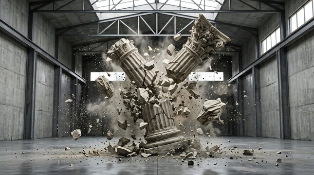 Ancient stone columns exploding in a large industrial warehouse space with concrete walls