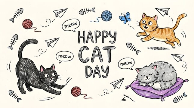Happy Cat Day Doodle Illustration with Playful Cartoon Cats and Pet Elements on Cream Background