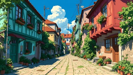 Naklejka premium Charming cobblestone street in a colorful Mediterranean village with vibrant plants and anime style
