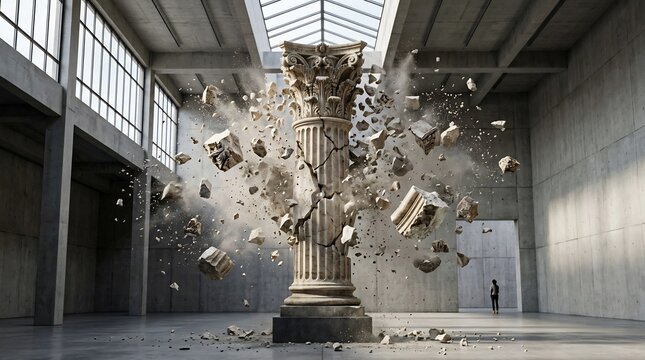 A large stone column exploding in a modern concrete building with a person standing nearby