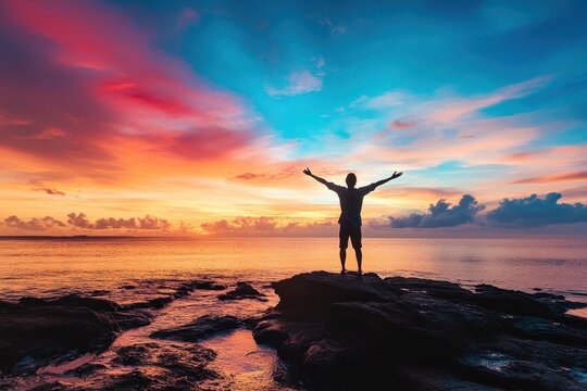 A person standing on a rock by the ocean with arms outstretched, embracing the vibrant colors of a beautiful sunset and feeling a sense of freedom and peace