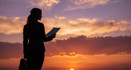 Obraz premium Silhouette of Woman Reading Document at Sunset Over Clouds