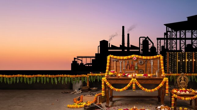 Vishwakarma Puja pastel gradient with factory silhouette, workshop tools, marigold garlands and oil lamps