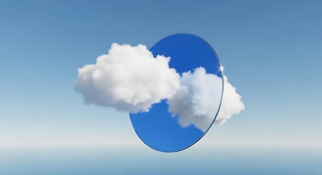 Floating cloud formation partially obscured by a mirrored circular lens in a bright blue sky