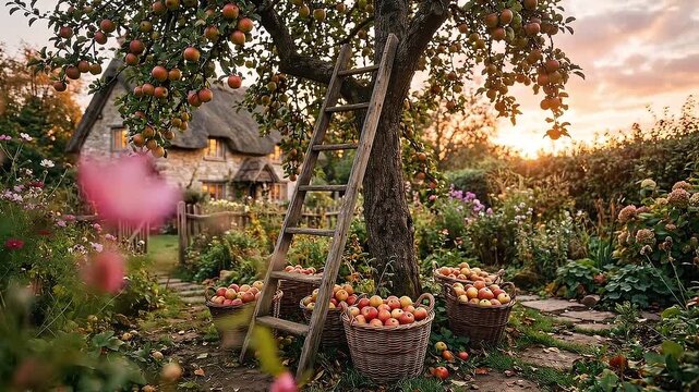 Static shot of apple tree and ladder with baskets of ripe apples during golden sunset in cottage garden, quiet autumn harvest scene in rural countryside with stone path