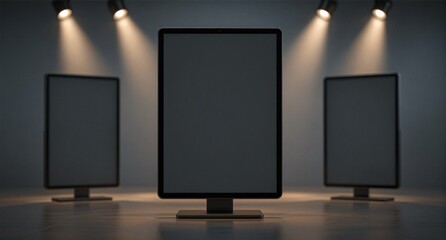 Fototapeta premium Modern Minimalist Office Setup with Multiple Blank Monitors and Dramatic Lighting