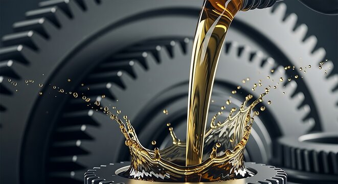 Fluid stream of golden liquid splashes as it enters mechanical gears