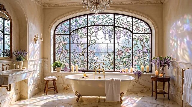 Panning shot across ornate marble bathroom focusing on freestanding bathtub as stained glass window casts colorful light and candles glow in morning