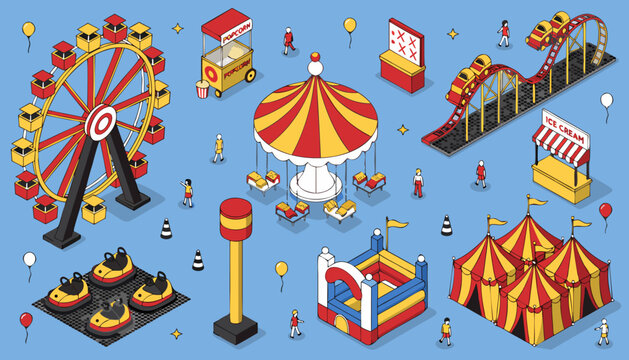 Isometric Theme Park Vector Elements for Map Creation, Carnival Infographics, and Fairground Design.eps