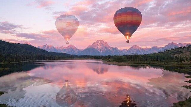 Tracking shot of hot air balloon drifting across pink sunrise sky reflecting on mountain lake in forested valley with slow aerial movement capturing calm morning atmosphere