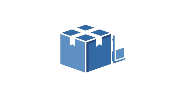 A blue cardboard box icon with a forklift symbol on a white background